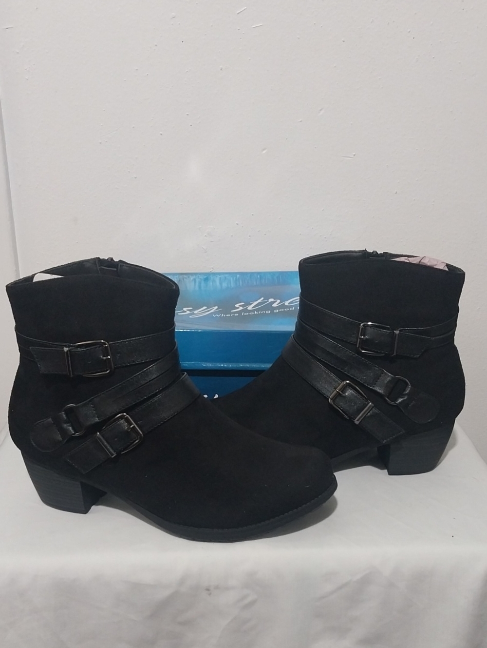 EASY STREET SUEDE Women’s Black Ankle Boots with Buckle Straps